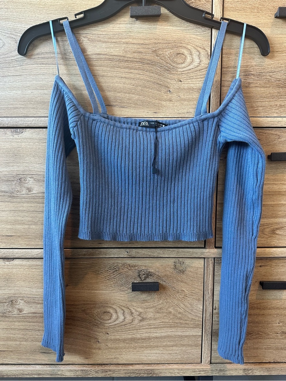 Zara Dusty Blue Ribbed Off-Shoulder Crop Top